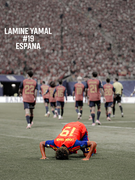 A vibrant poster featuring Lamine Yamal in action for Spain, highlighting his energy on the football field.