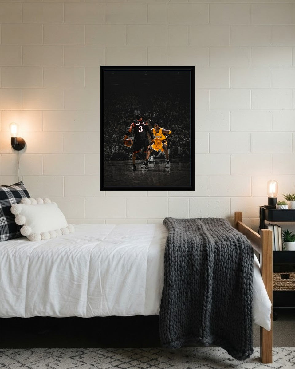 Iverson vs Kobe poster displayed in a stylish setting, emphasizing its vibrant colors and action-packed imagery.