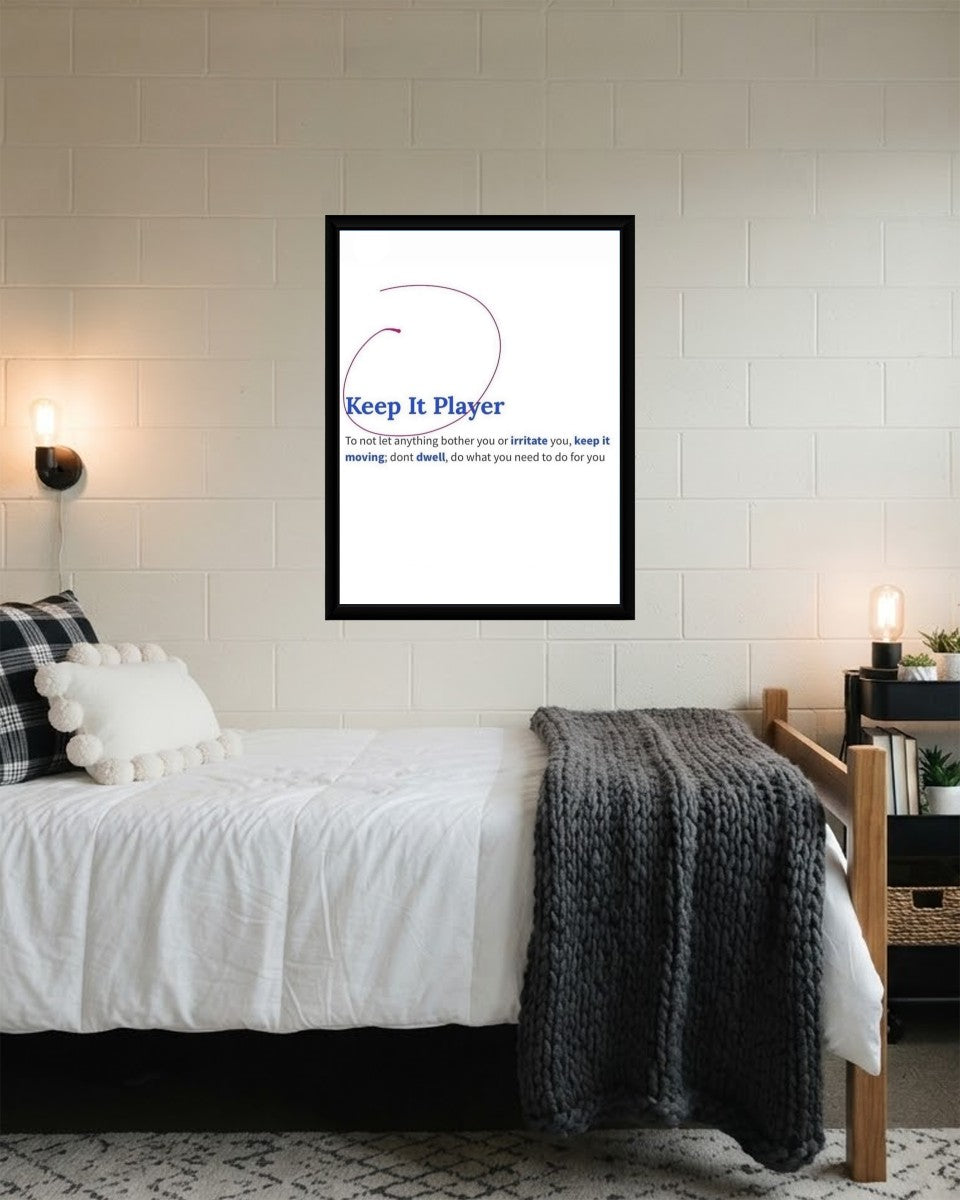 A beautifully styled presentation of the 'Keep It Player' poster, emphasizing its positive and uplifting vibe.