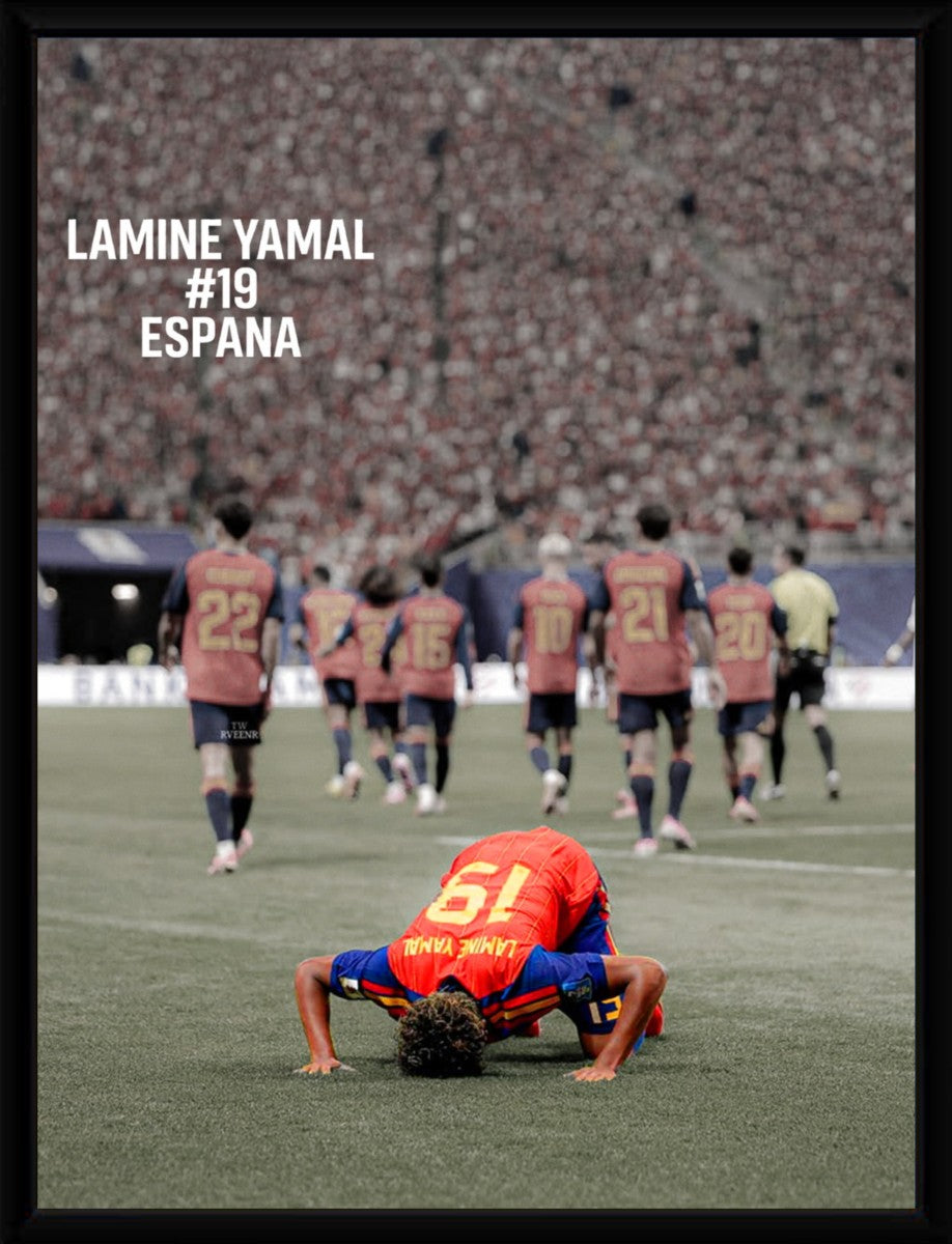 Lamine Yamal Spain poster displayed in a sleek black frame, emphasizing the sports-themed artwork.