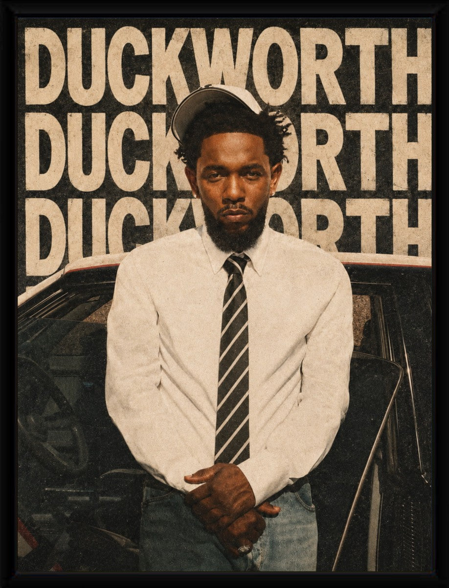 The Kendrick Lamar DUCKWORTH poster displayed in a sleek, modern frame.