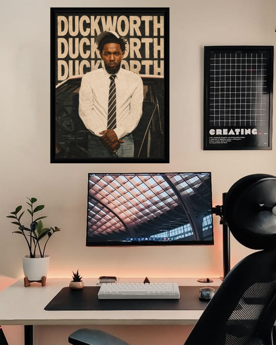 The Kendrick Lamar poster styled in a contemporary living room setting.
