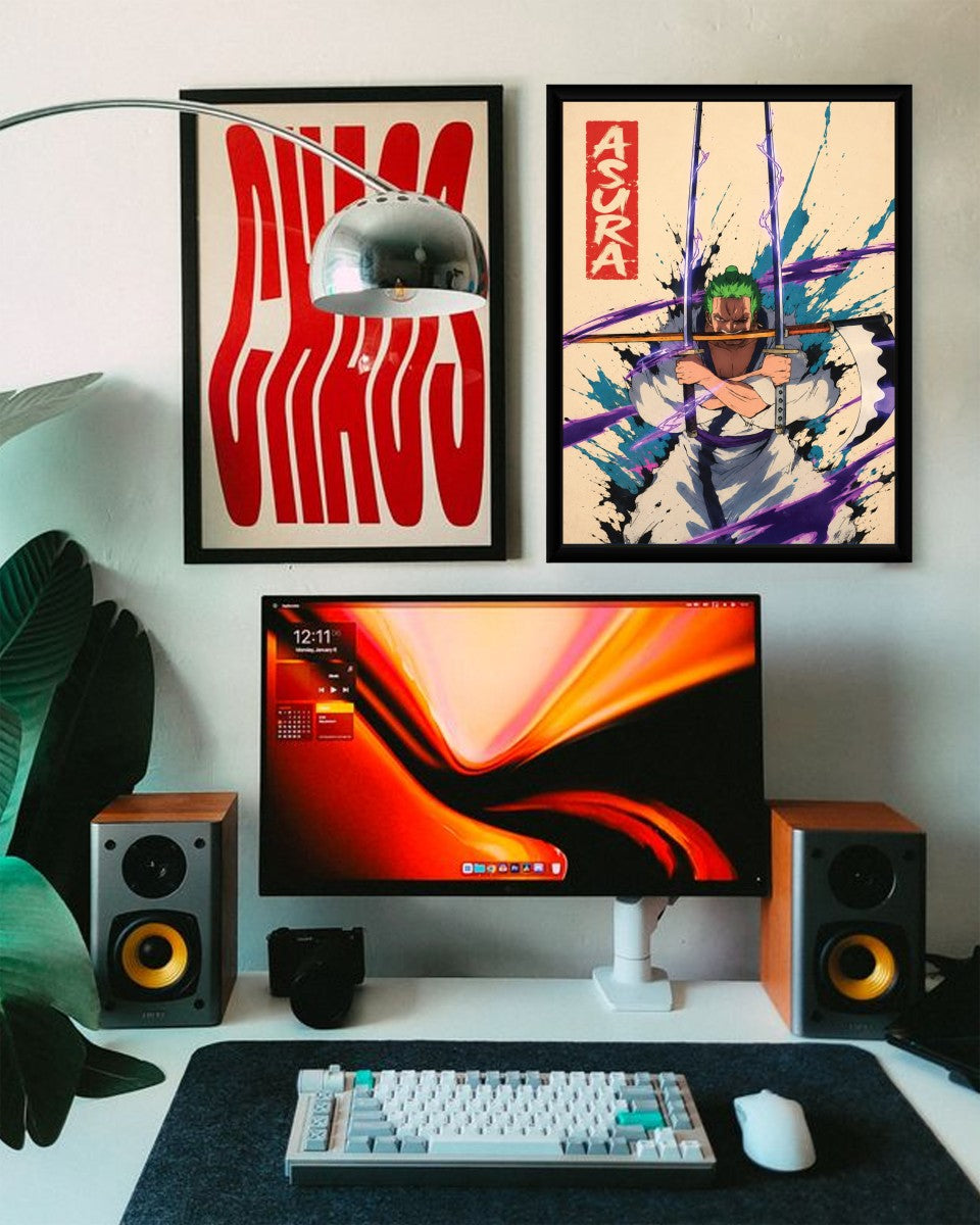 Roronoa Zoro Asura poster presented in a contemporary living room with minimal decor.
