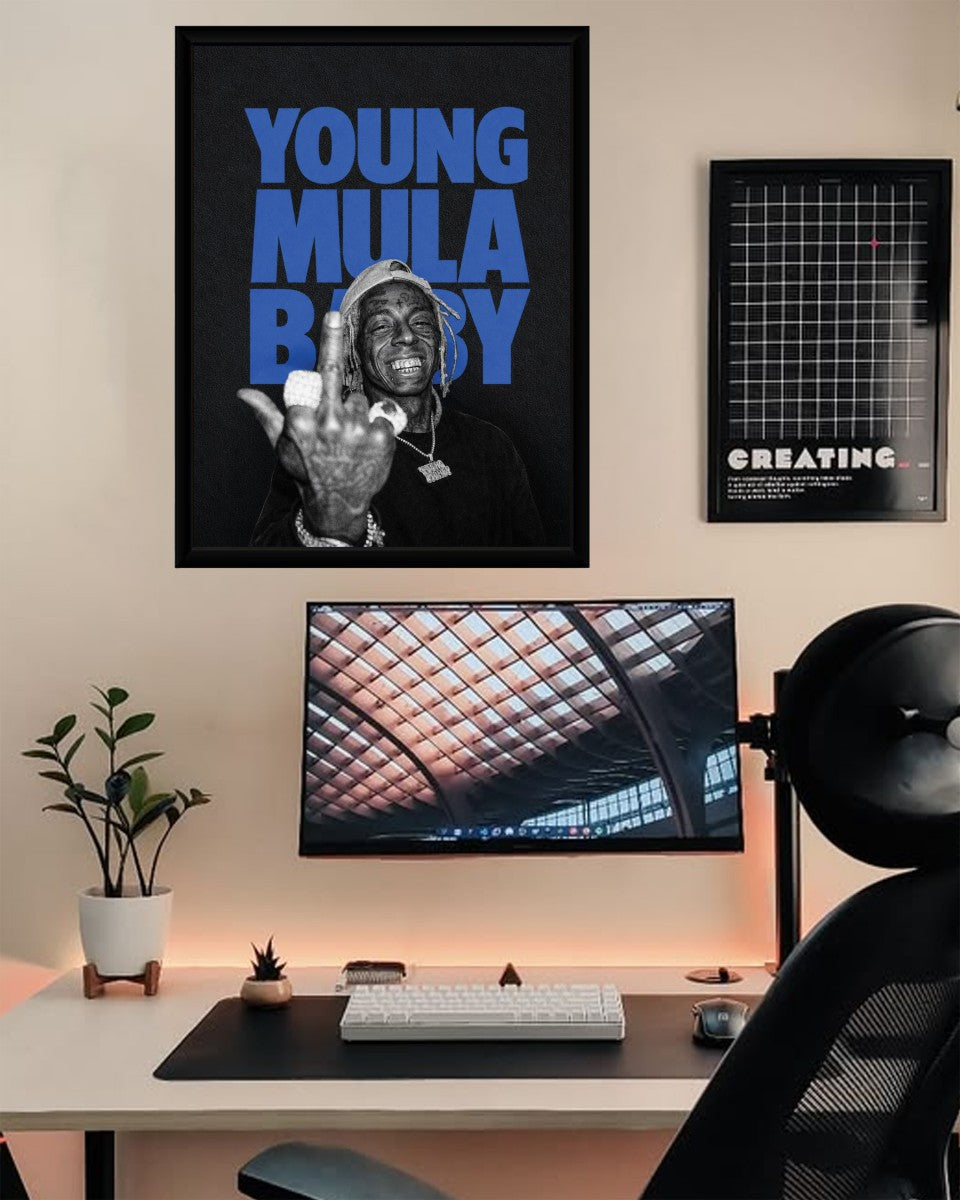 Lil Wayne poster displayed in a modern living room setting with contemporary decor.