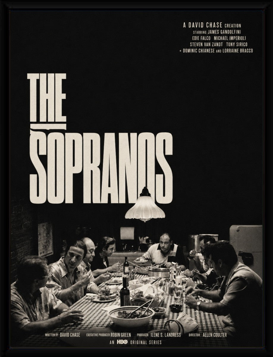The Sopranos Poster elegantly displayed in a sleek black frame, enhancing its dramatic vibe.