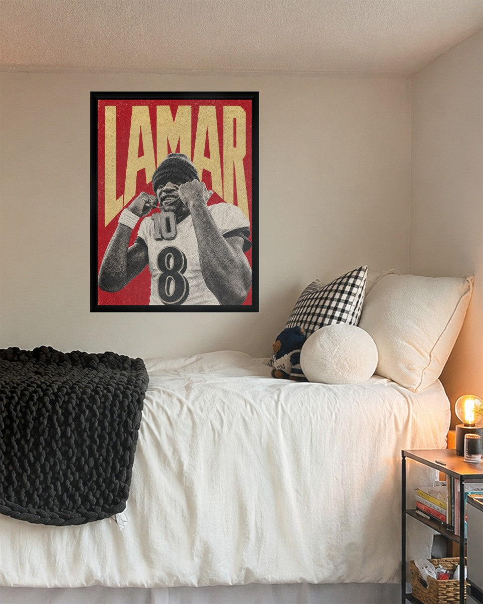 Lamar Jackson poster showcased in a stylish setting, highlighting the vibrant design and energetic theme.