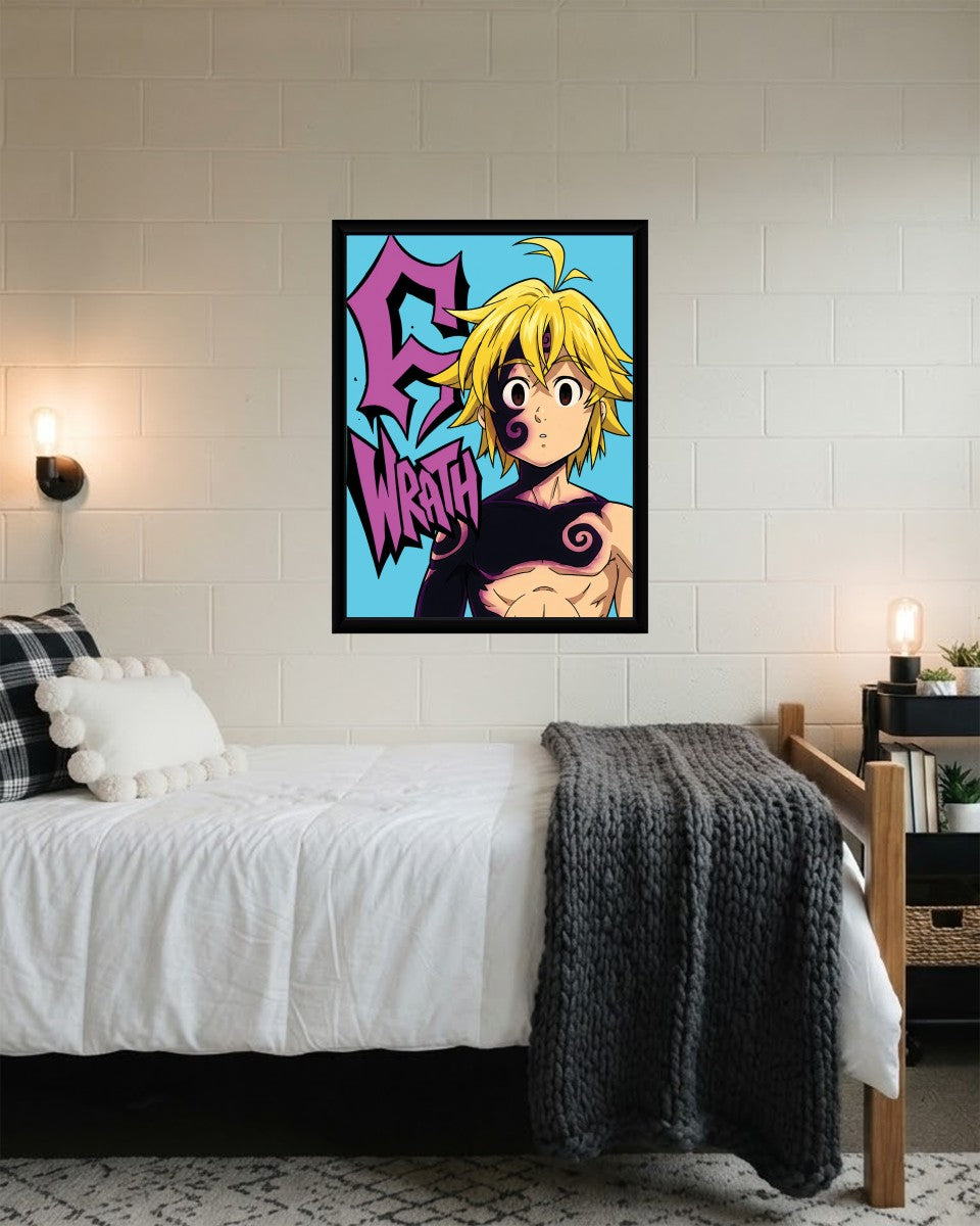 Meliodas Wrath Poster displayed in an artistic setting, highlighting its dynamic colors and design.