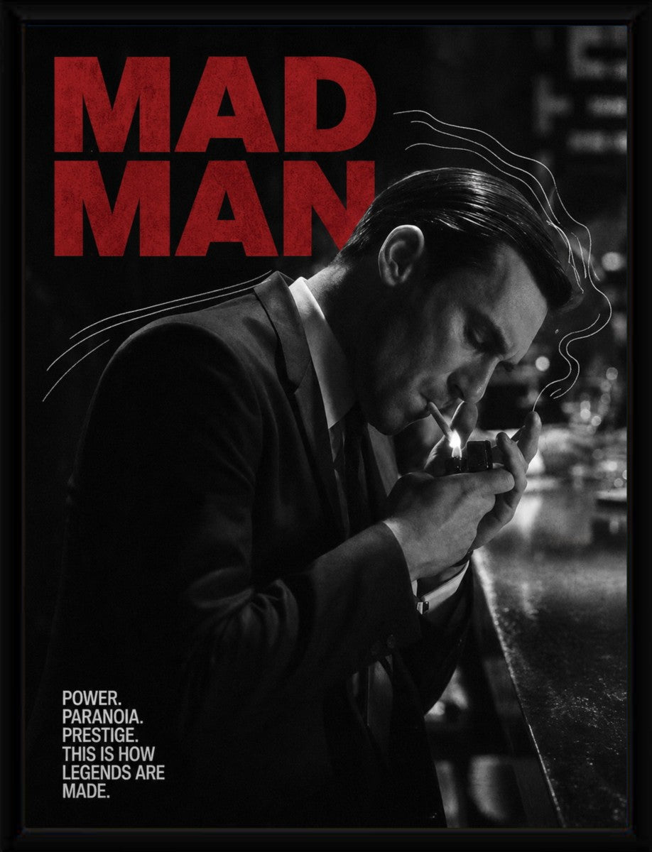 The Don Draper poster showcased in a sleek black frame, emphasizing its sophisticated design.
