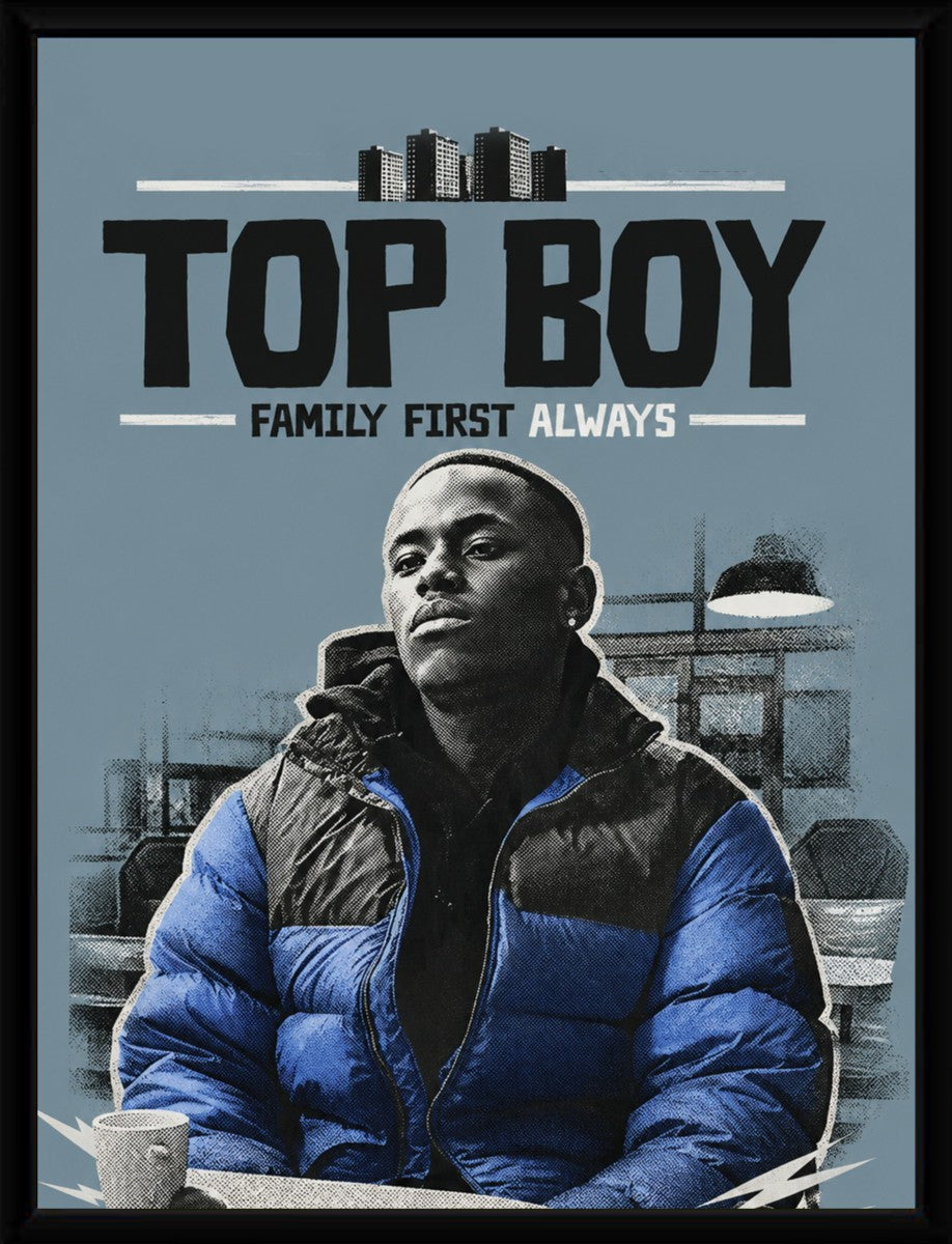The Top Boy poster in a sleek black frame, showcasing the artwork's vibrant colors and bold design.