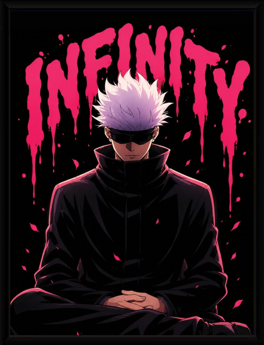 The Satoru Gojo poster elegantly displayed in a sleek, modern black frame.