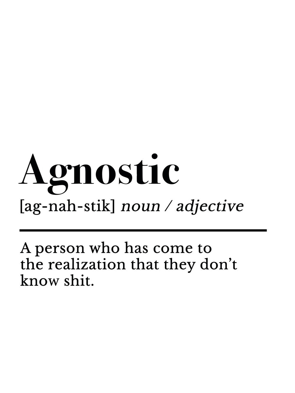 Agnostic definition poster featuring the text 'Agnostic [ag-nah-stik] noun / adjective A person who has come to the