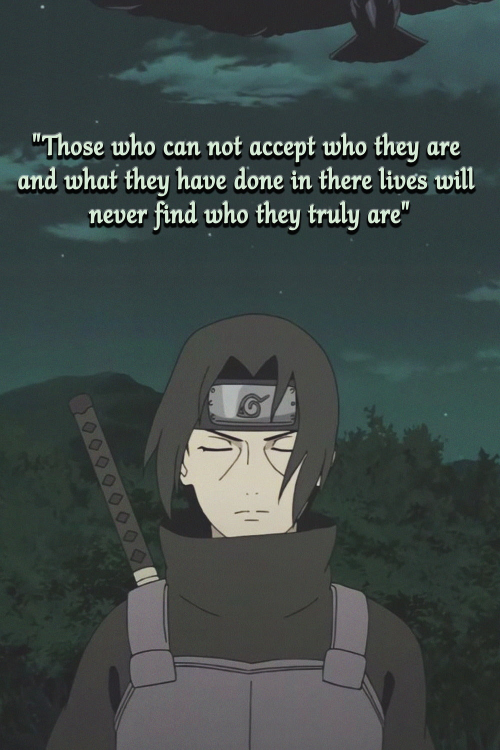 A poster featuring Itachi Uchiha with a somber expression and a dark backdrop, showcasing his introspective character