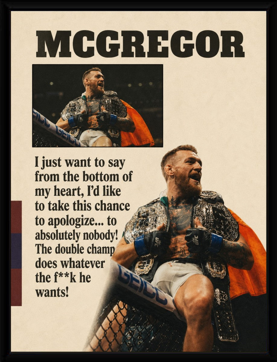 A framed poster of Conor McGregor displaying a colorful design and motivational quote.