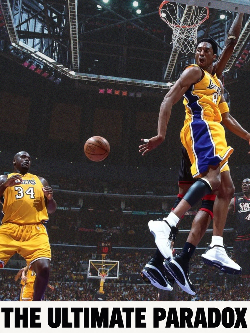A vibrant poster featuring Kobe Bryant passing the ball to Shaquille O'Neal, showcasing their iconic teamwork on the