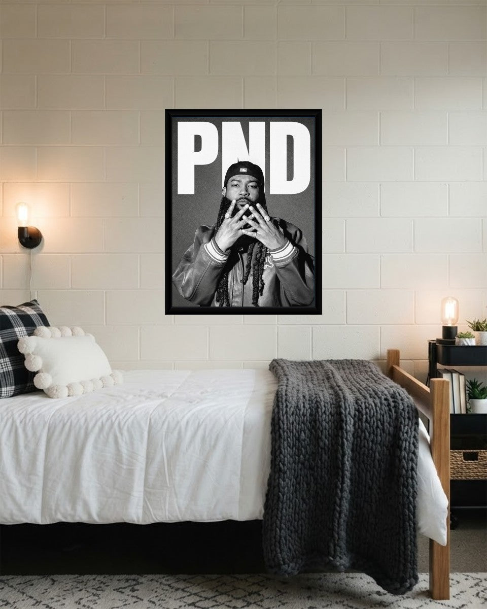 The Party Next Door poster featured in a modern office space, adding a vibrant artistic touch.