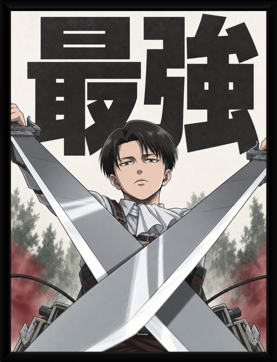 Framed poster of Levi Ackerman showcasing dynamic visuals and vibrant colors.