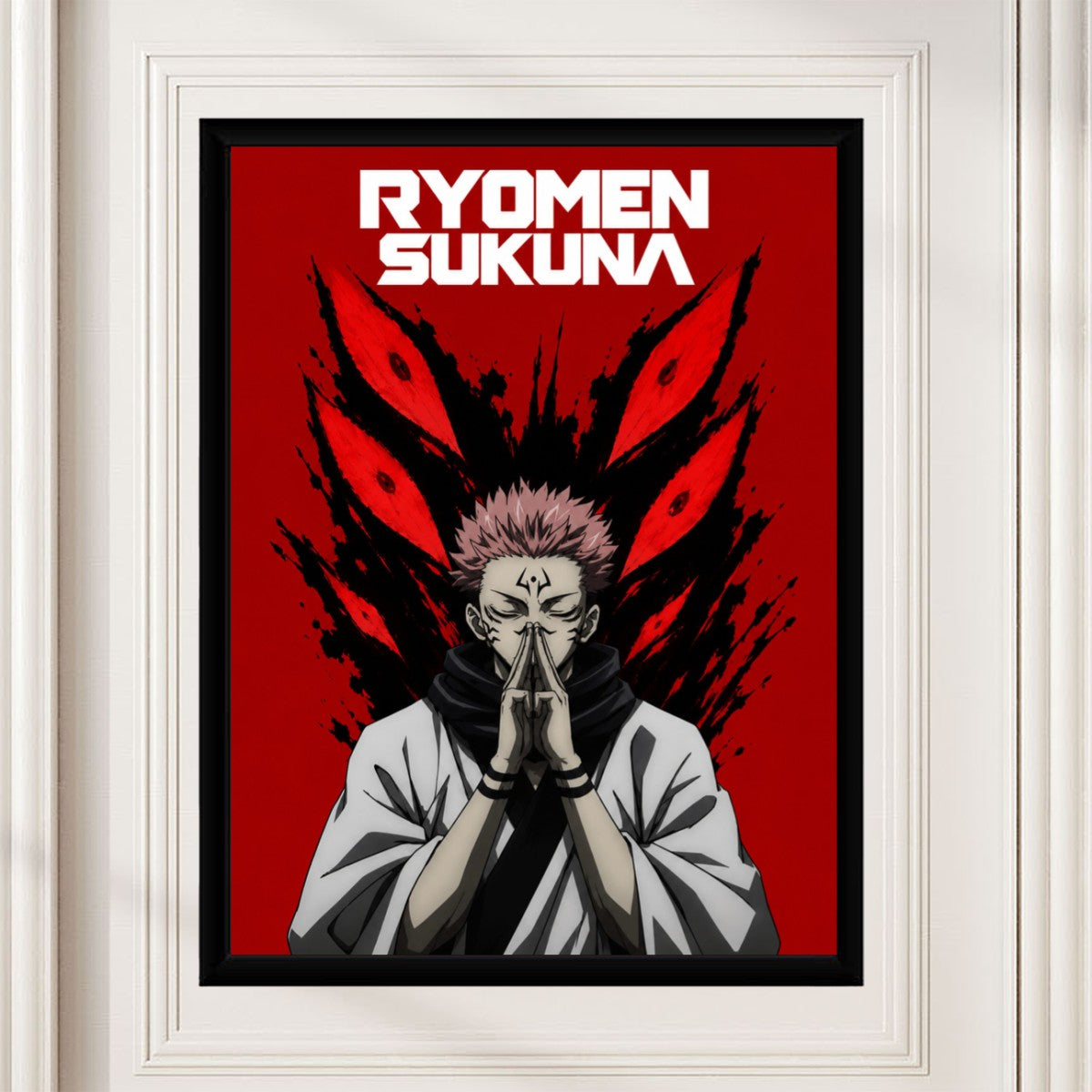Ryomen Sukuna poster styled in a contemporary room setting, enhancing the anime theme.