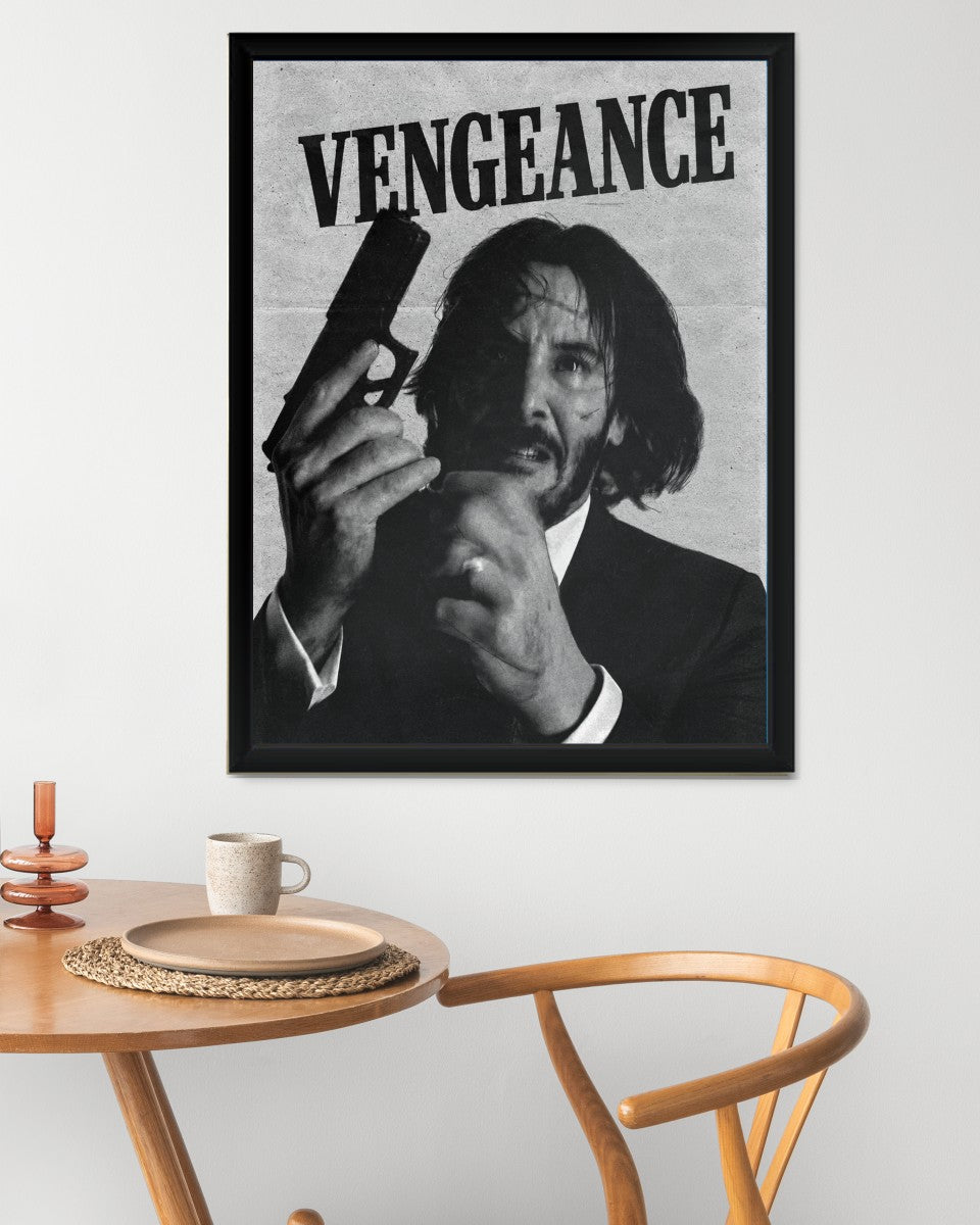 The John Wick Vengeance poster presented in an artistic arrangement, capturing the essence of cinematic drama.