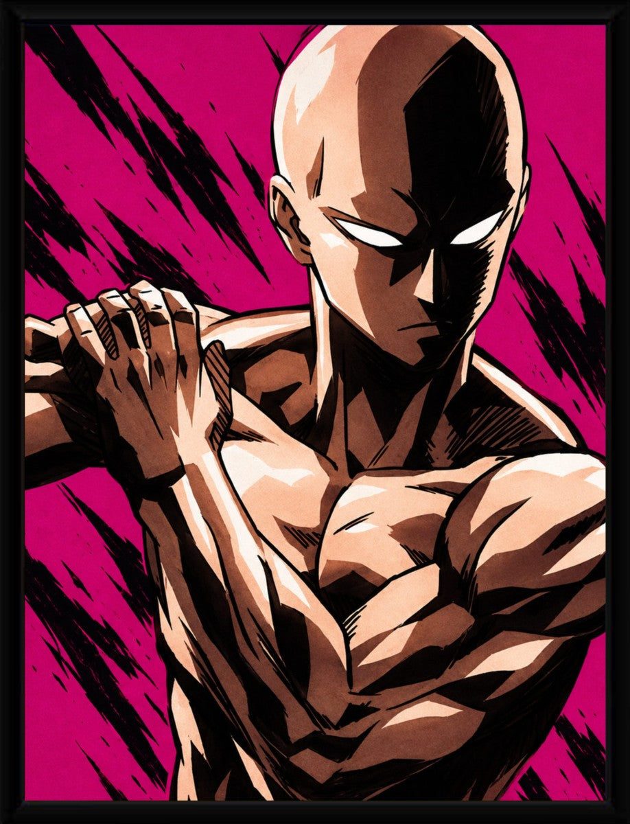 Framed poster of Saitama from One Punch Man, presented in a sleek black frame.