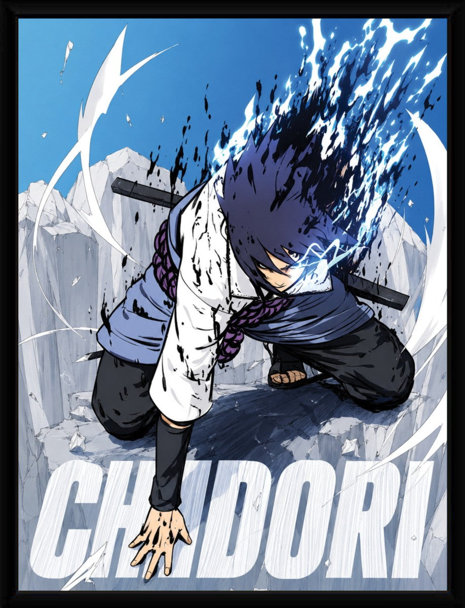 Sasuke Chidori poster displayed in a sleek black frame, emphasizing its vibrant colors.