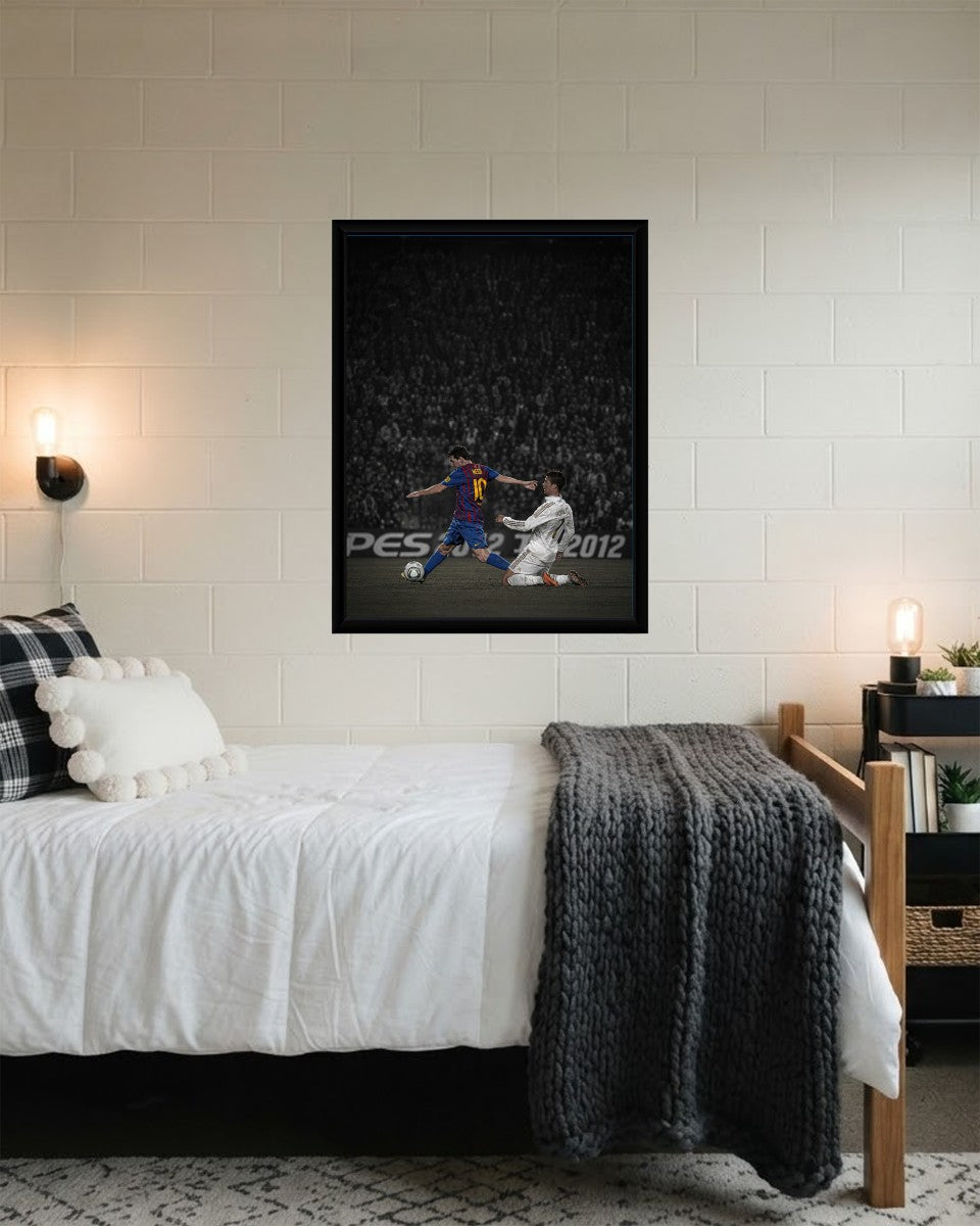 Messi vs Ronaldo poster styled on a wall, highlighting its vibrant colors.