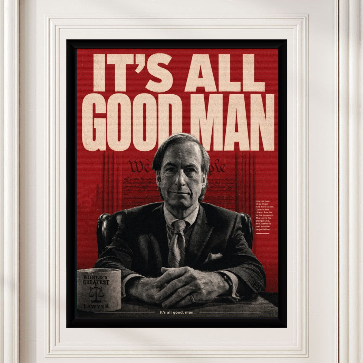 The Saul Goodman poster displayed in a stylish mockup setting, emphasizing its vibrant colors and design.