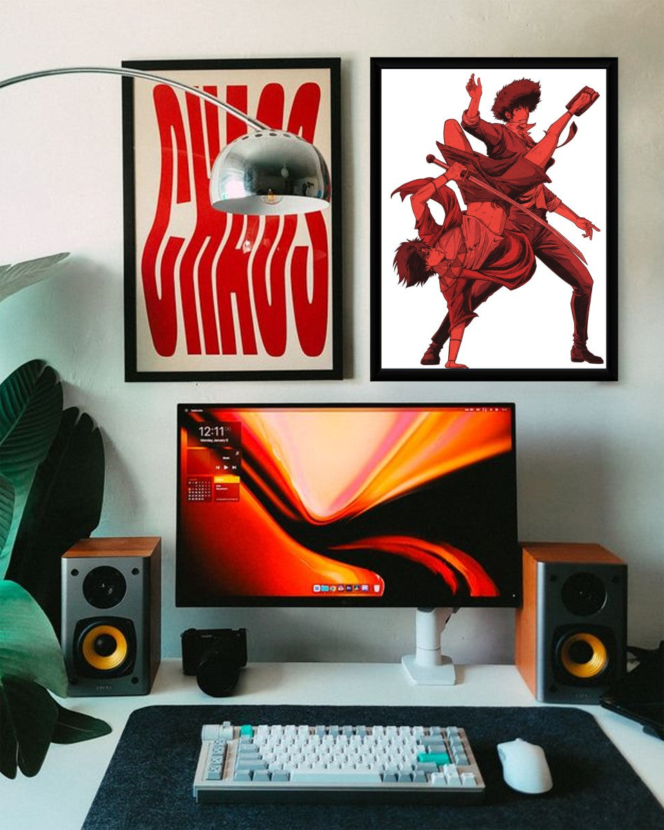 The Mugen vs Spike poster in a cozy home office, adding a vibrant touch to the workspace.