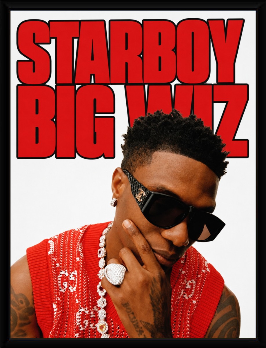 Wizkid Starboy poster displayed in a sleek black frame, highlighting its colorful design.