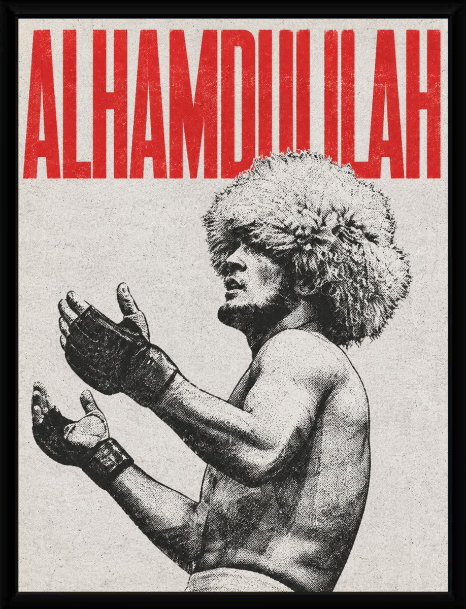 The Khabib Nurmagomedov poster presented in a sleek black frame, showcasing its vibrant colors.