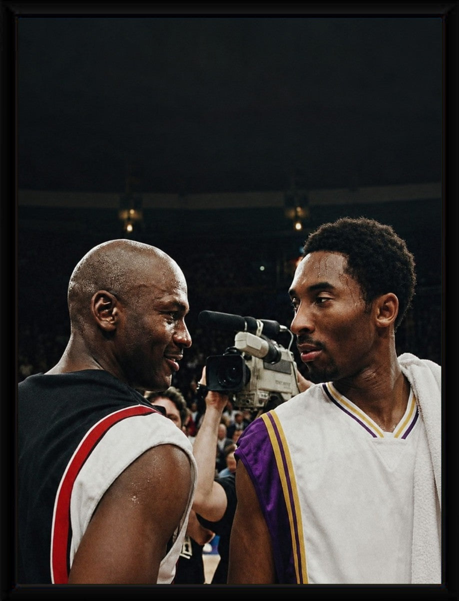 The Michael Jordan and Kobe Bryant poster displayed in an elegant frame, highlighting the dynamic artwork.
