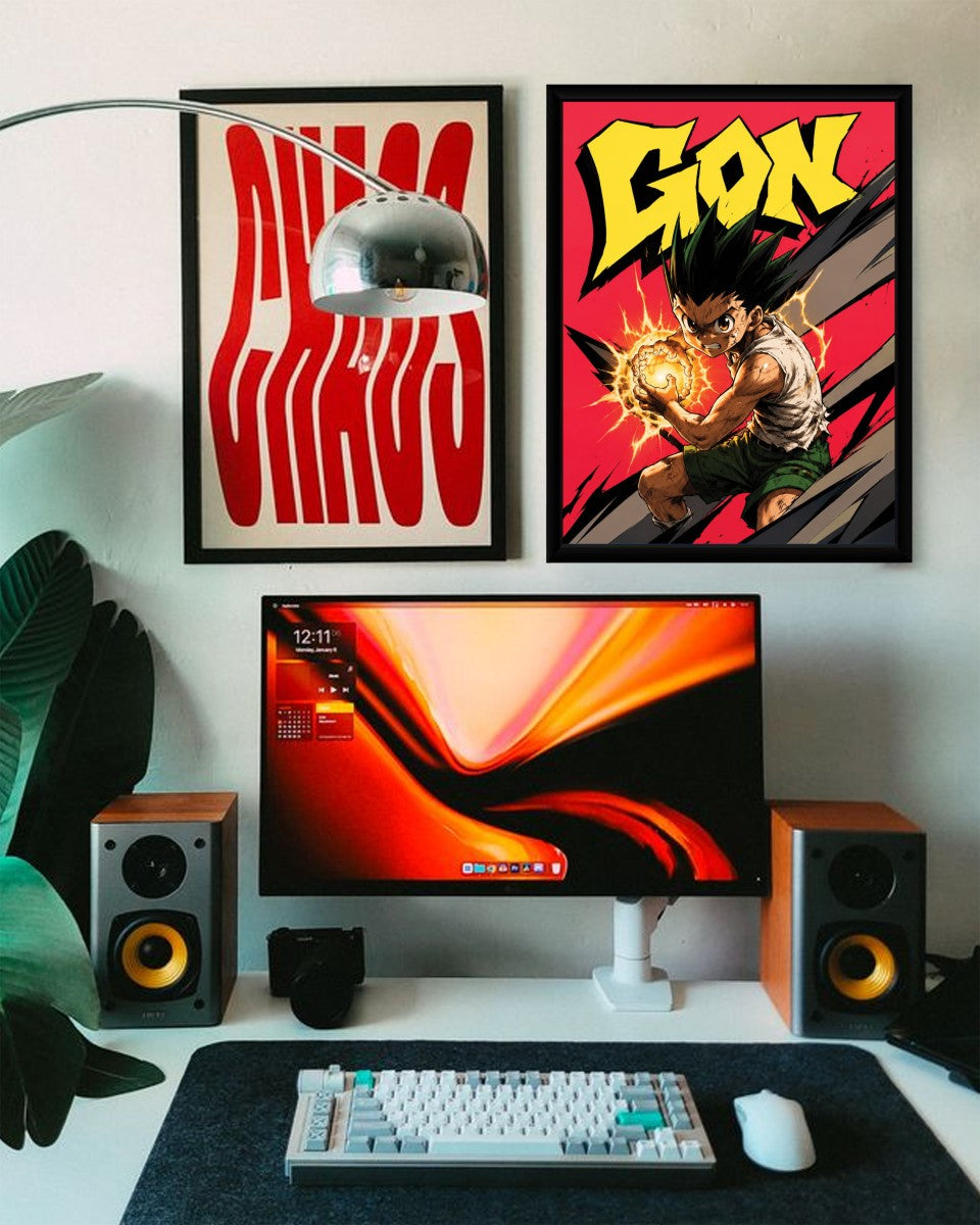 The Gon poster elegantly displayed on a minimalist shelf against a modern background.