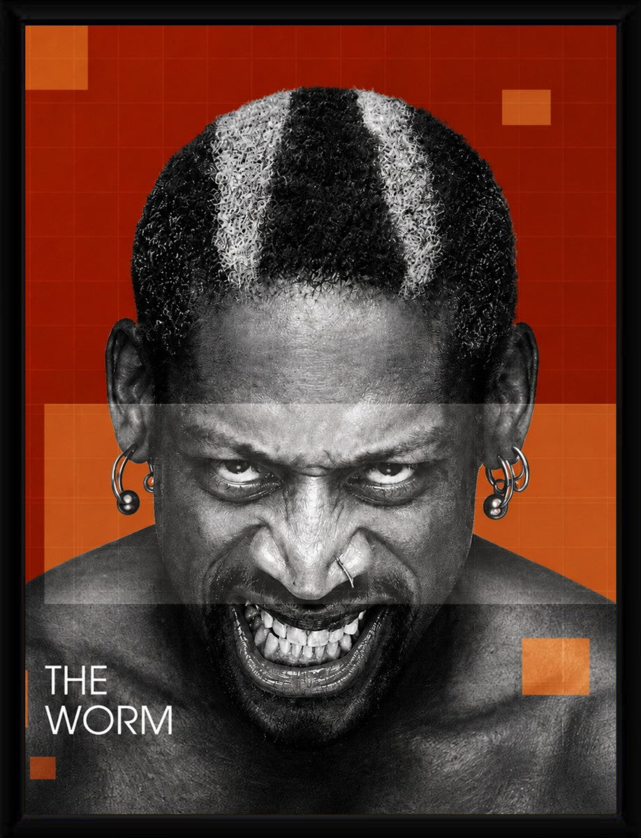 Dennis Rodman poster displayed in an elegant black frame, emphasizing the bold colors and graphic design.