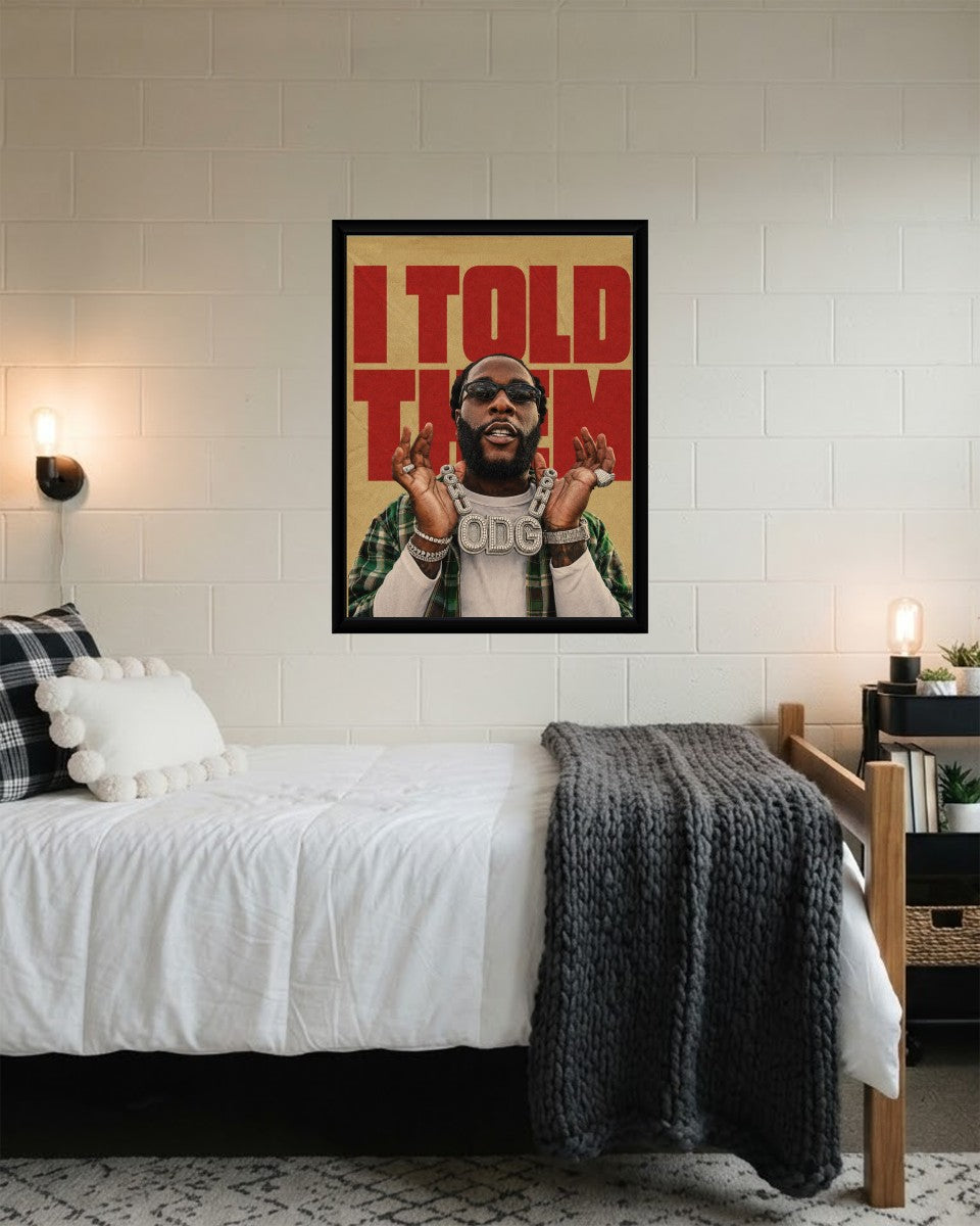 Burna Boy poster shown in a chic mockup setting, emphasizing its colorful design.