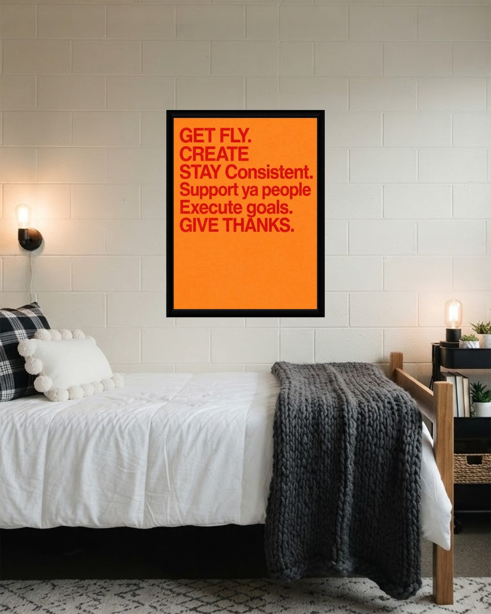 The 'Get Fly, Create' poster featured prominently on a stylish office wall, enhancing the creative atmosphere.