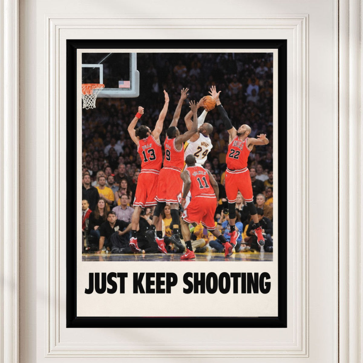 Kobe Bryant action poster showcased in a modern living room setting with vibrant decor.