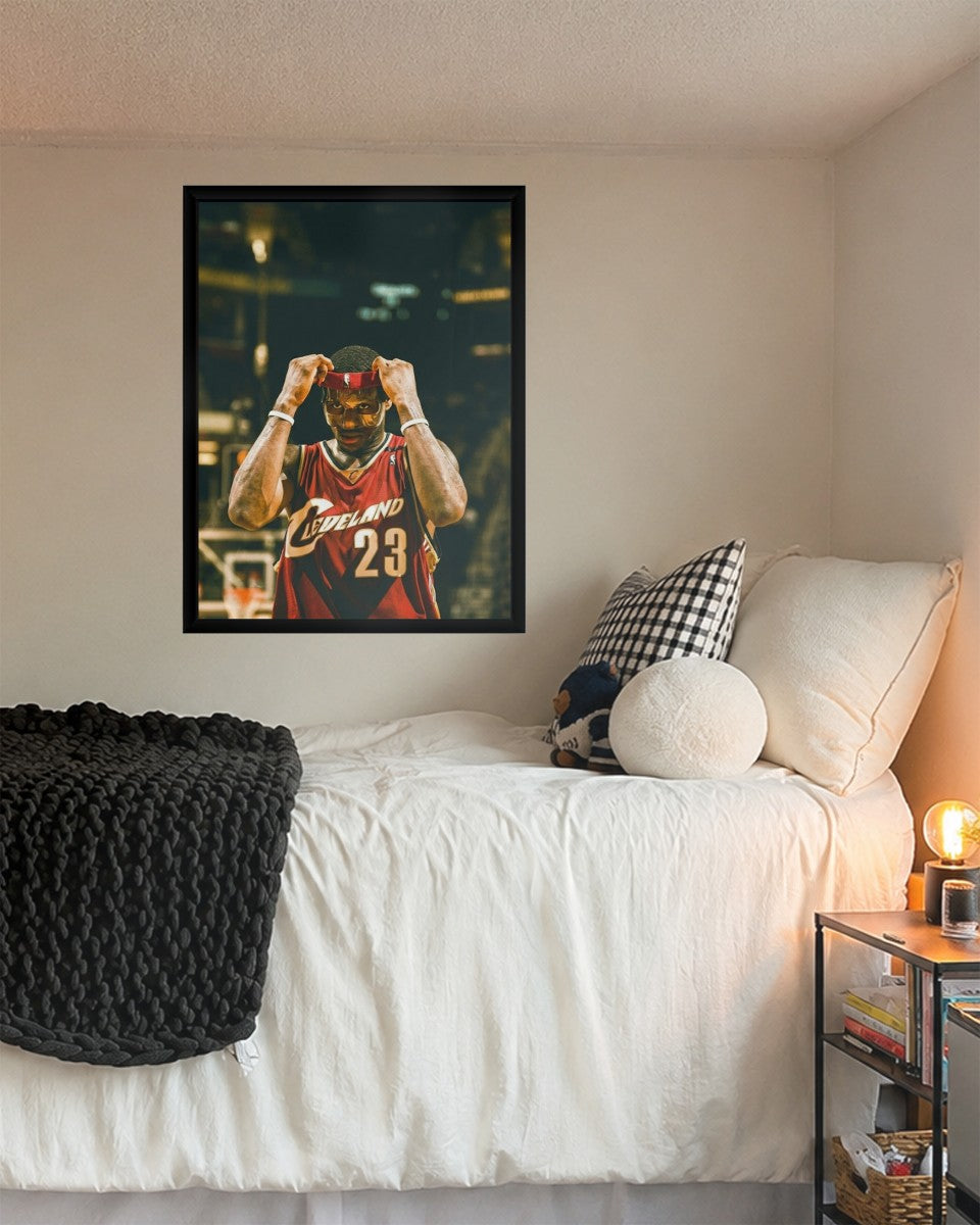LeBron James poster stylishly arranged in a living room setting, showcasing its vibrant colors.