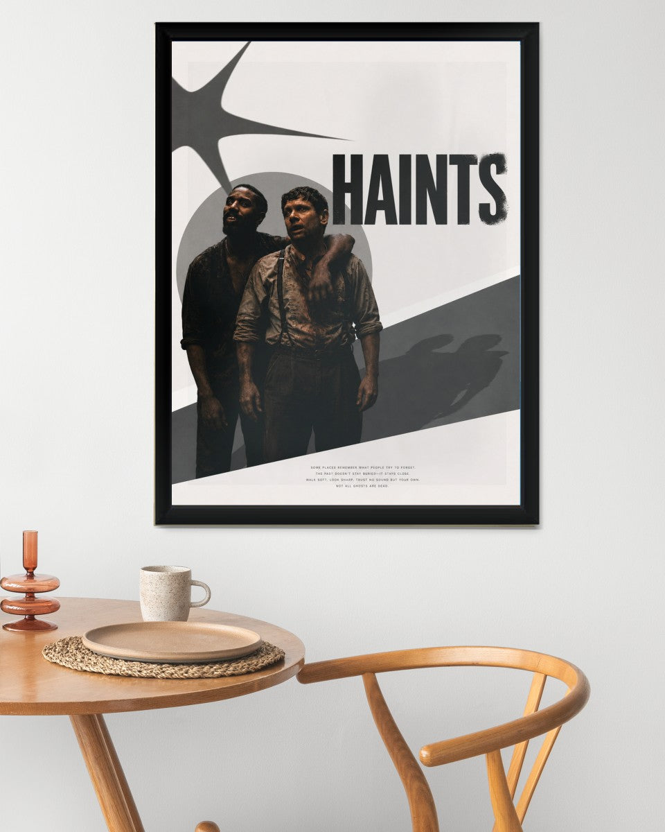 Sinners poster showcased in a cozy living space with ambient lighting.