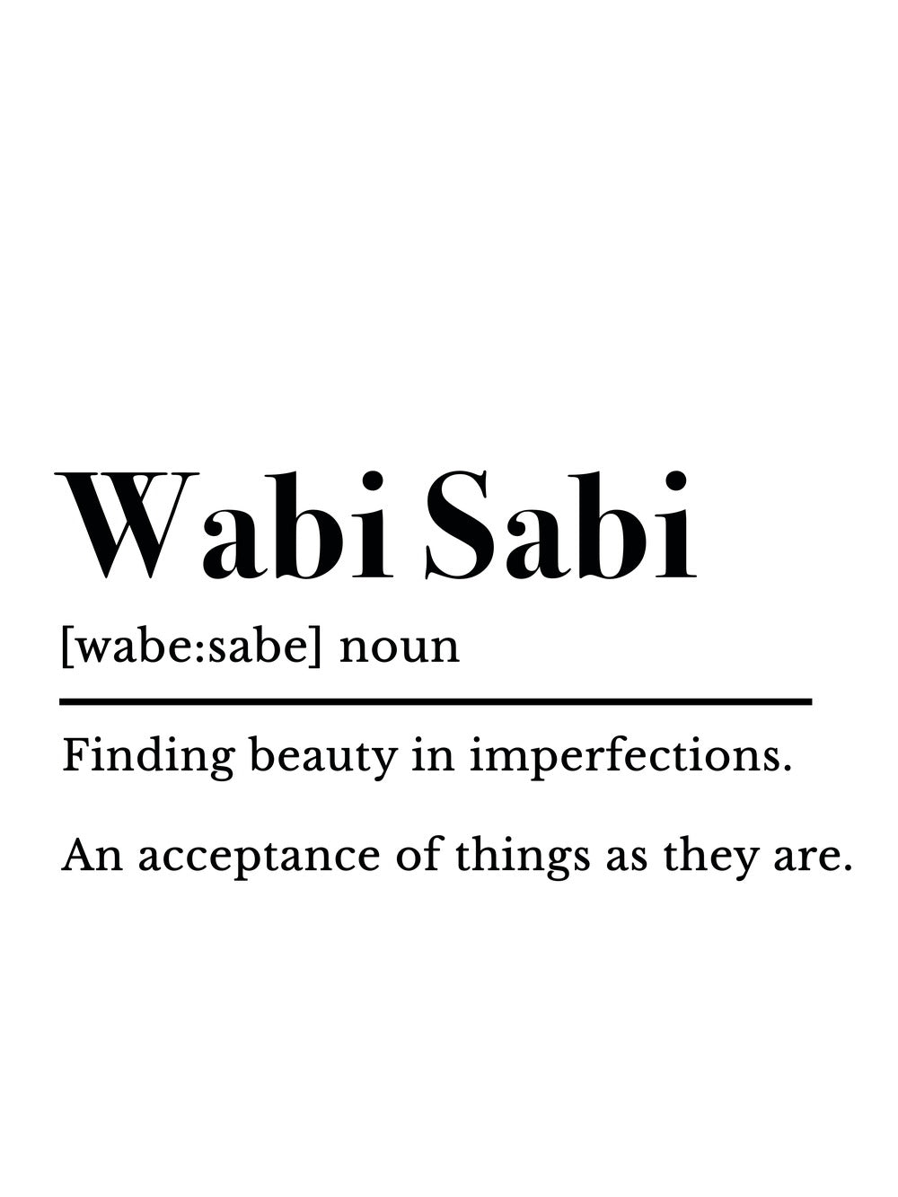 A minimalist poster featuring the text 'Wabi Sabi' and a definition highlighting beauty in imperfections.