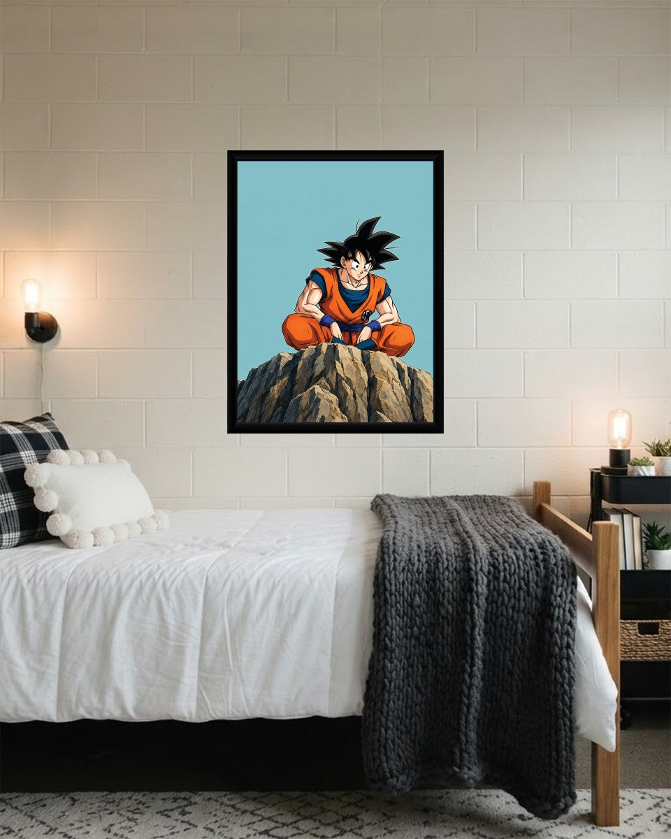 Goku poster showcased in a stylish living space with bright decor, enhancing the room's aesthetic.