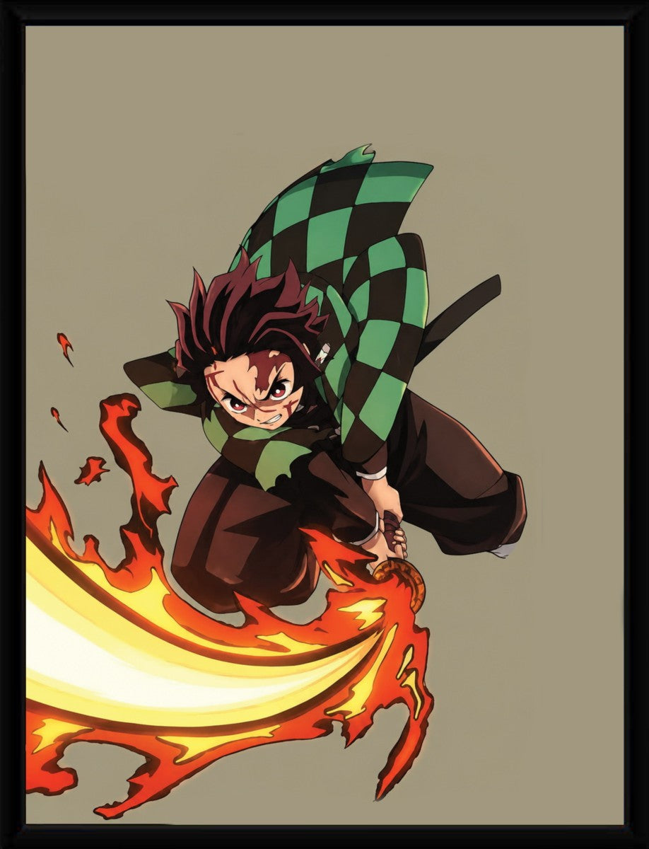 Tanjiro Kamado poster presented in a sleek black frame, emphasizing its vibrant colors and dynamic composition.