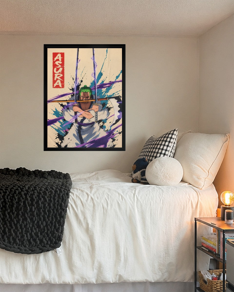 Roronoa Zoro Asura poster showcased in a bright, stylish office setting.
