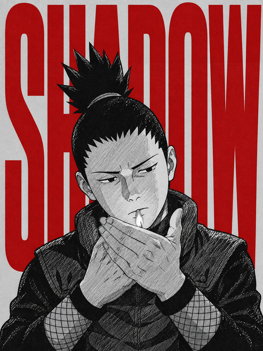 A colorful poster featuring Shikamaru Nara with the text 'SHADOW', showcasing bold artwork and a contemplative mood.