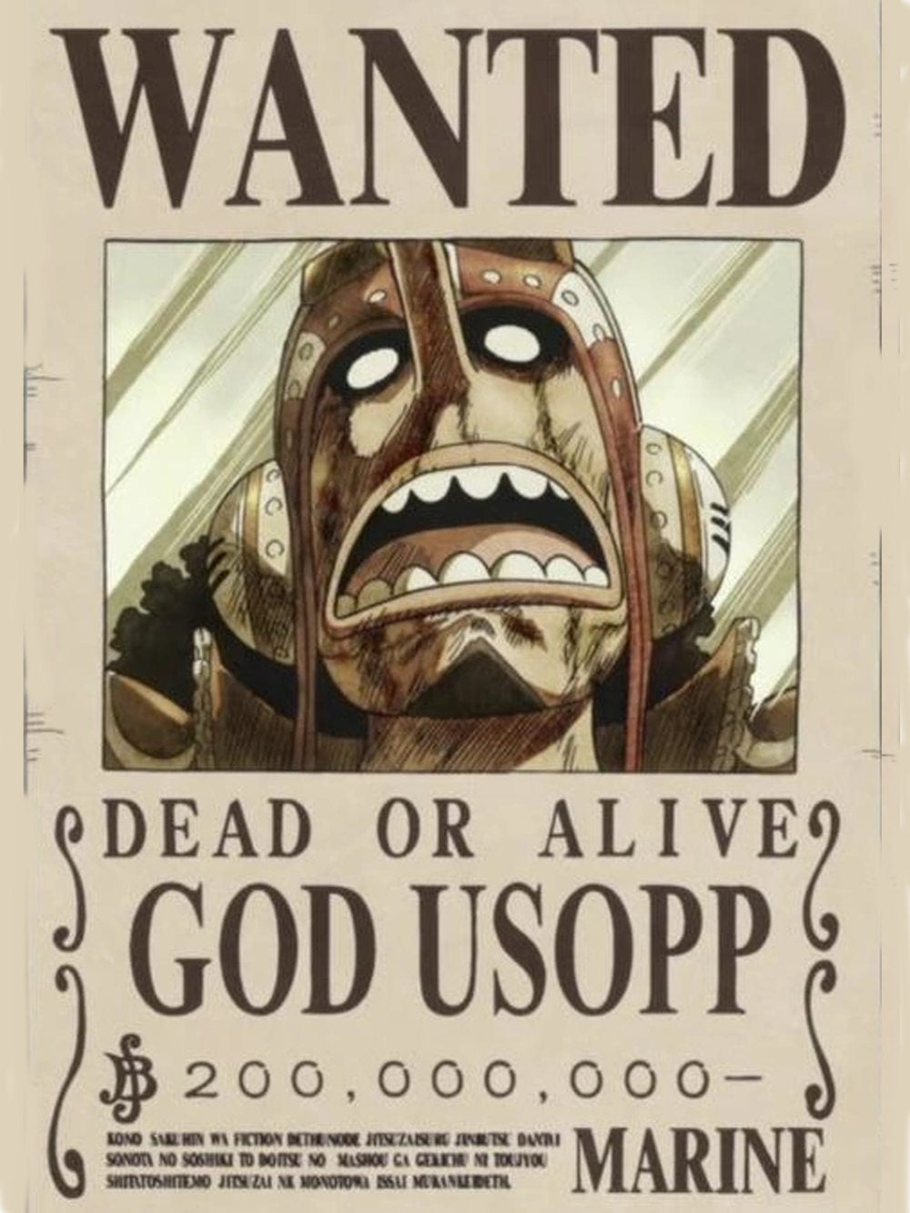 Vibrant poster featuring God Usopp with WANTED text and ¥200,000,000 bounty.