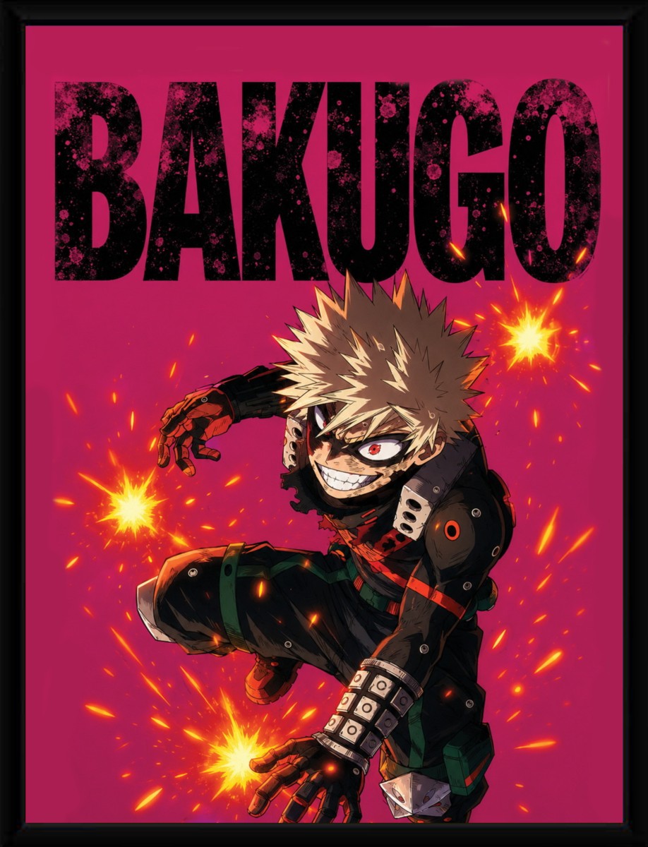 The Bakugo action poster displayed in a sleek black frame, showcasing bold colors and intense detail.