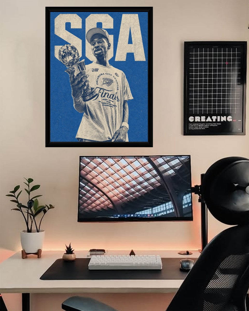 Colorful poster of Shai Gilgeous-Alexander showcased on a gallery wall, perfect for basketball fans.