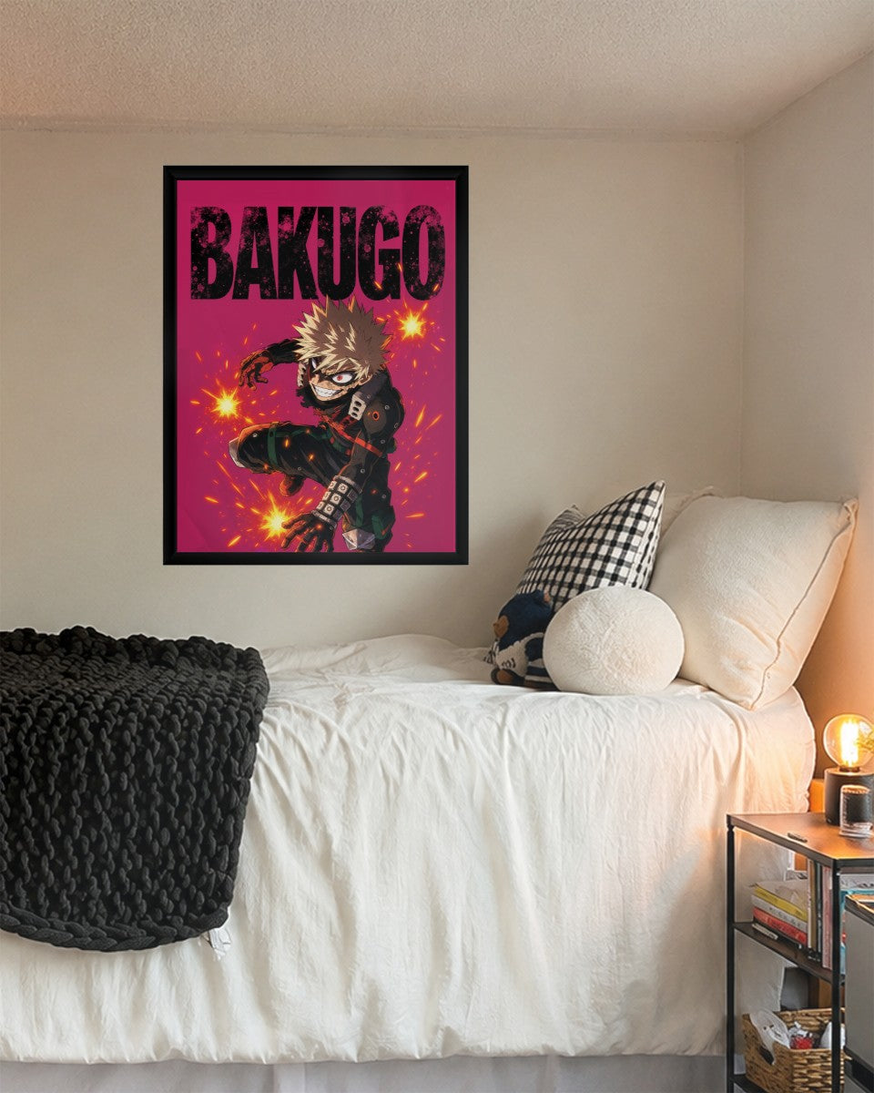 The Bakugo action poster styled in a modern room setting, emphasizing its vibrant colors and dynamic design.