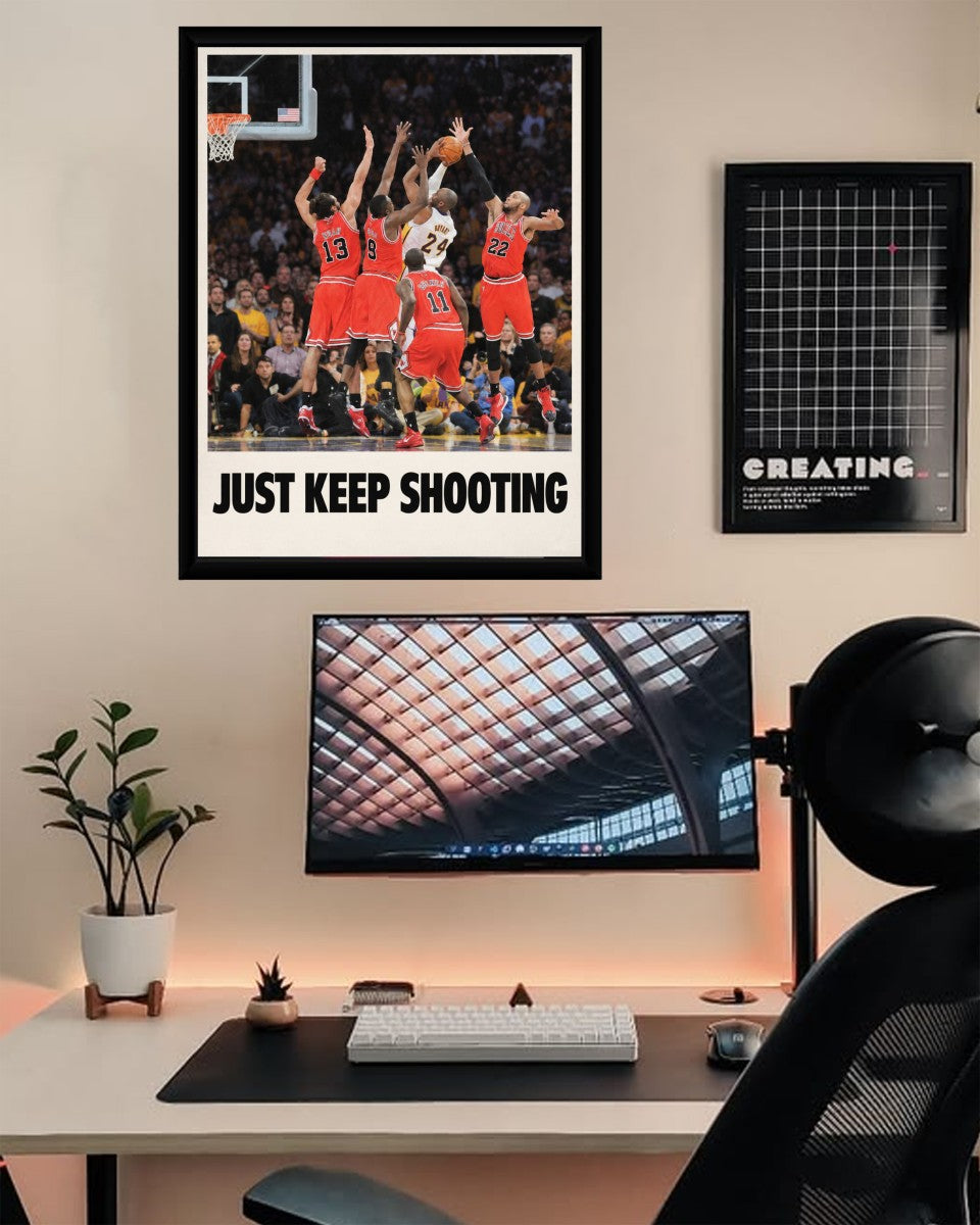 Kobe Bryant action poster elegantly presented in a stylish office environment, adding a dynamic touch.
