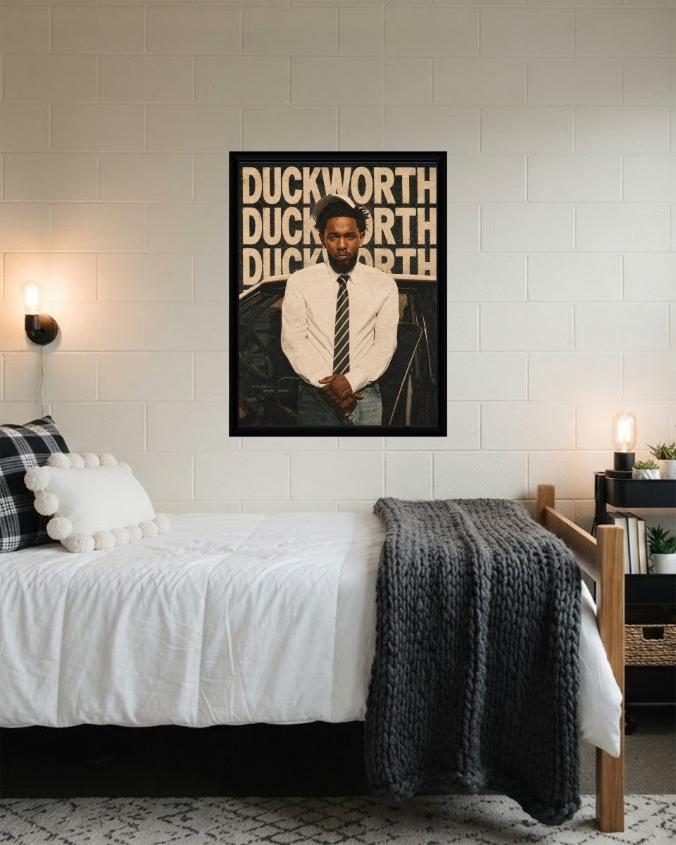 The Kendrick Lamar poster showcased in an elegant office environment.