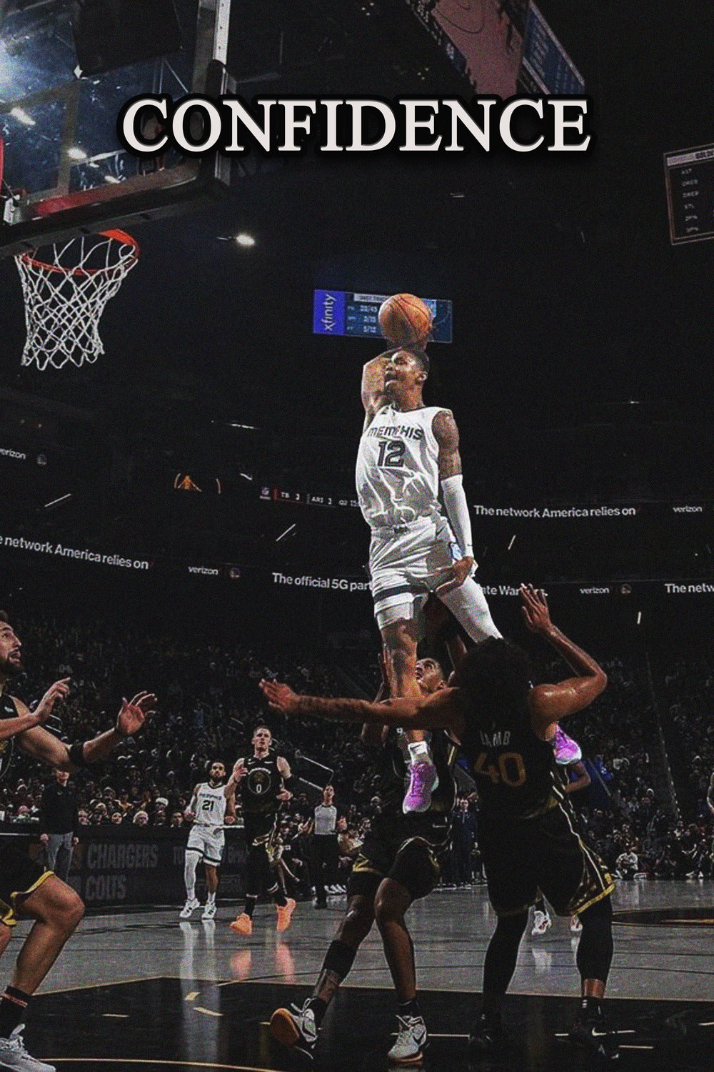 Dynamic poster of Ja Morant soaring for a dunk, showcasing athleticism and the word 'CONFIDENCE'.