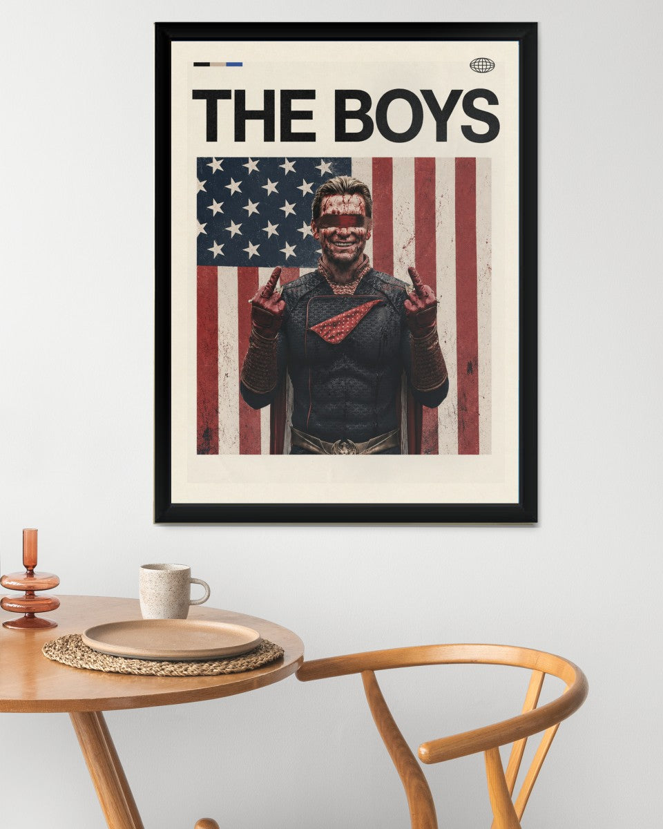 The Boys poster shown in a creative office setting, emphasizing its dynamic design.